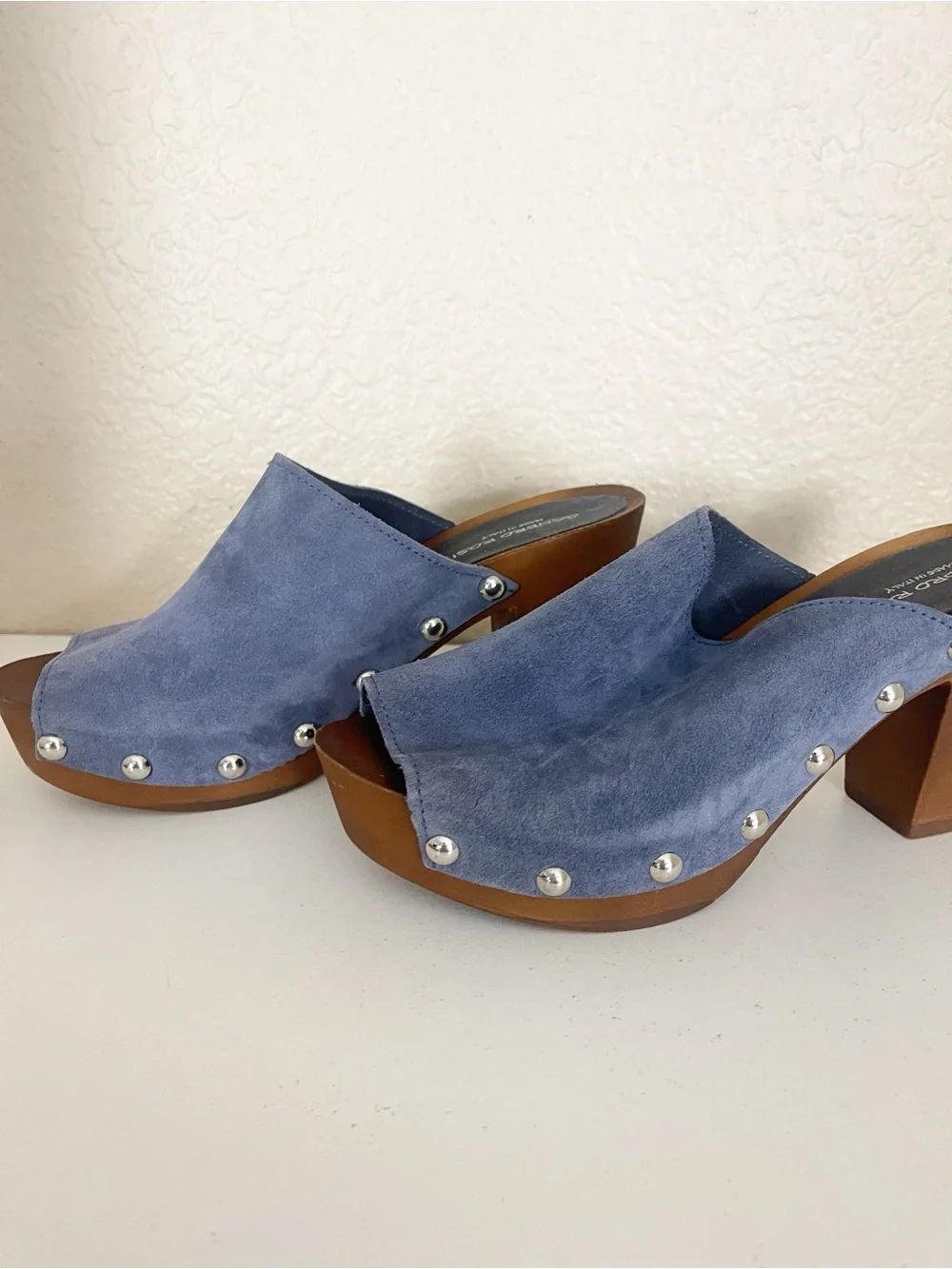 Sandro Rosi Made in Italy Blue Suede leather Studded Wooden Clogs 39 - Picture 9 of 10